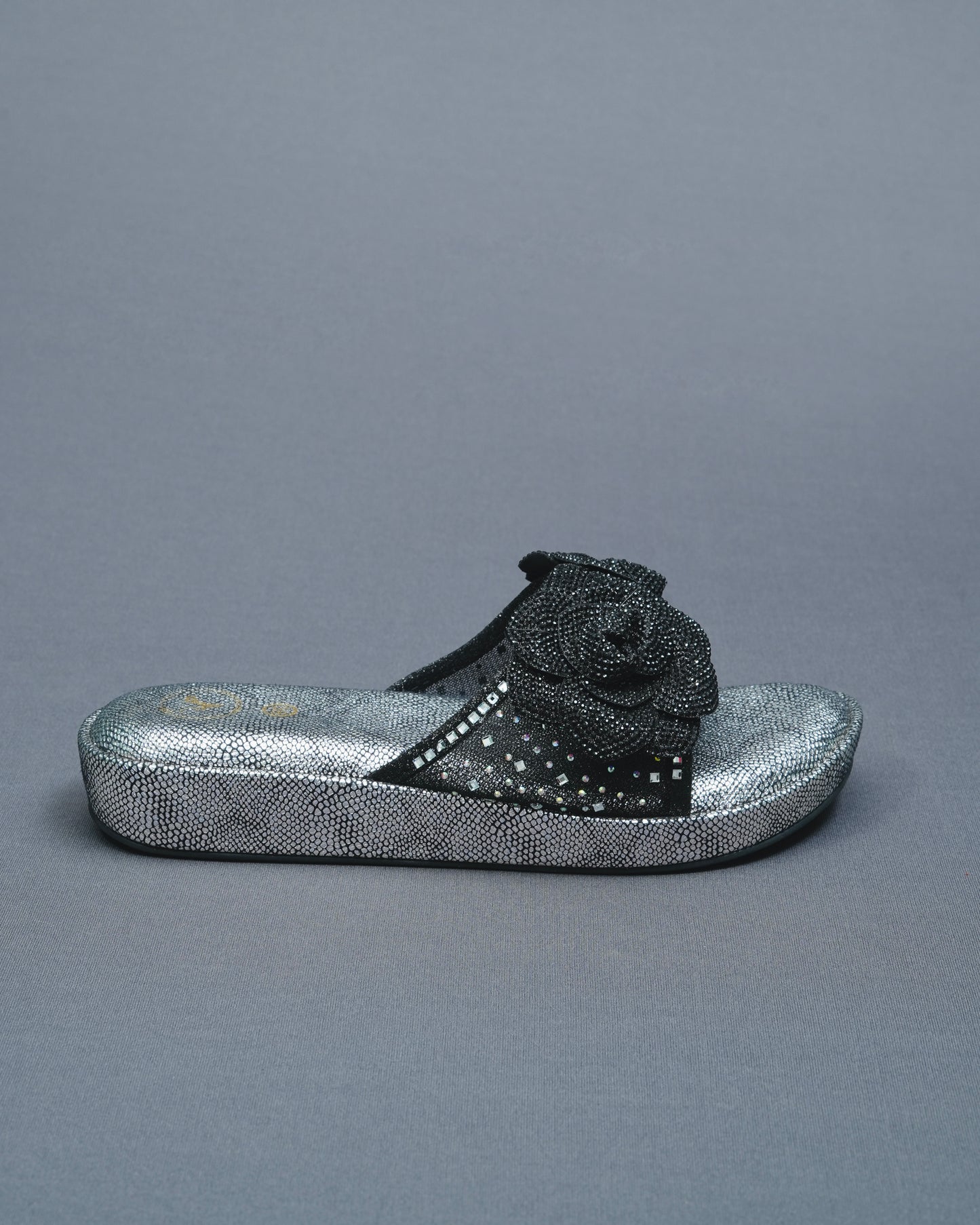 Black rose Open Toe Silver Wedge Leather Heels