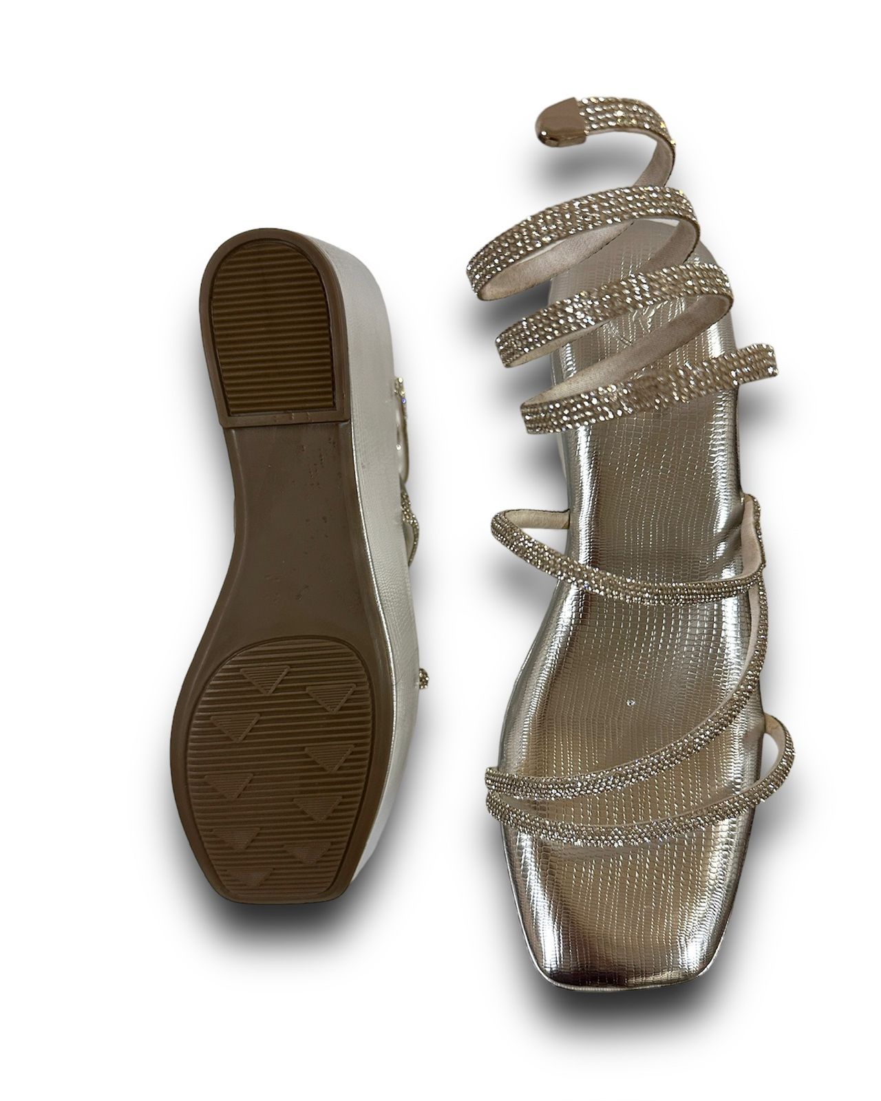 Silver Open Toe Lizard Spring Wedge