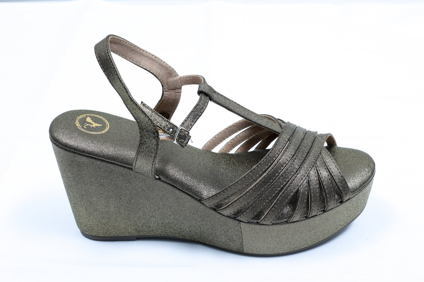 Dolphin Wedge Junk Gold Open Toe Heels