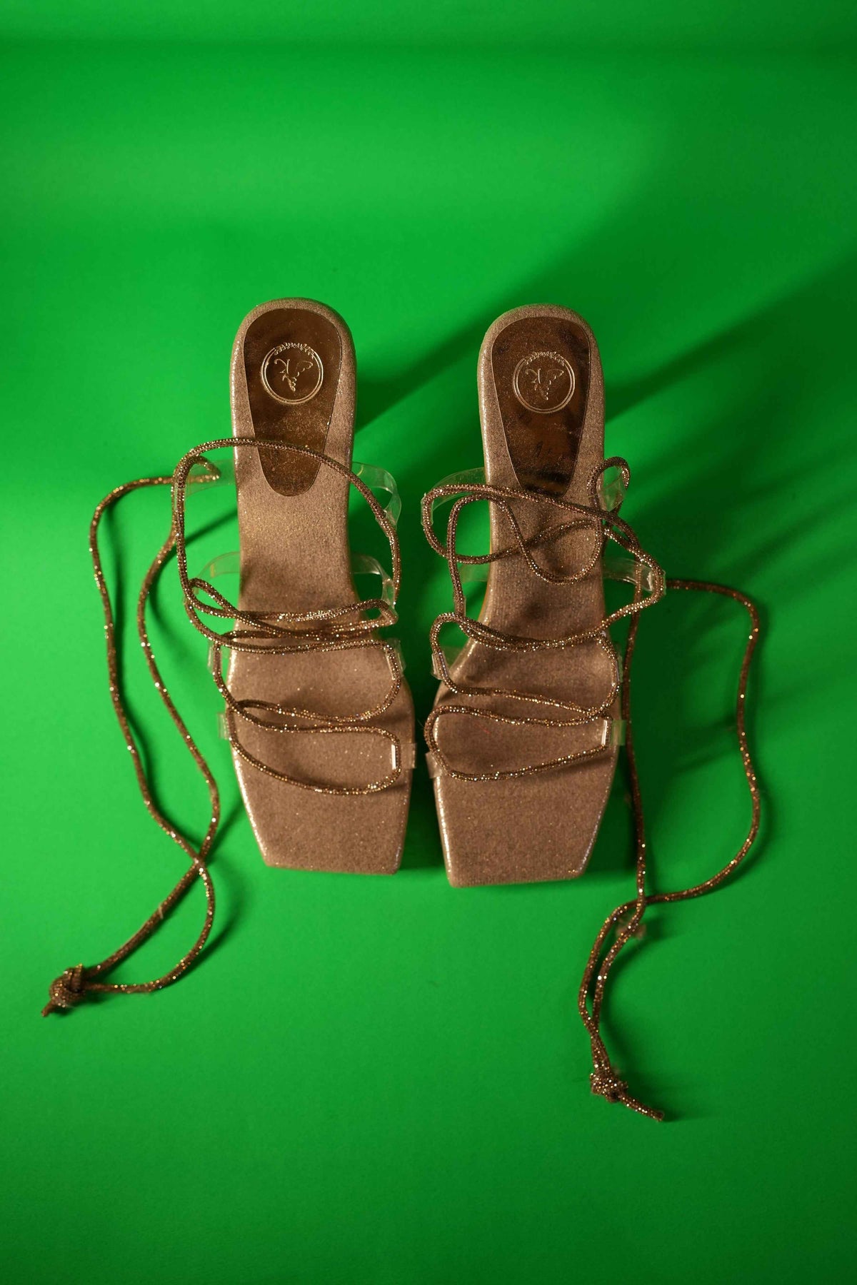 Champagne Gold Stringy Shoe Lace Elevated Heel Sandal