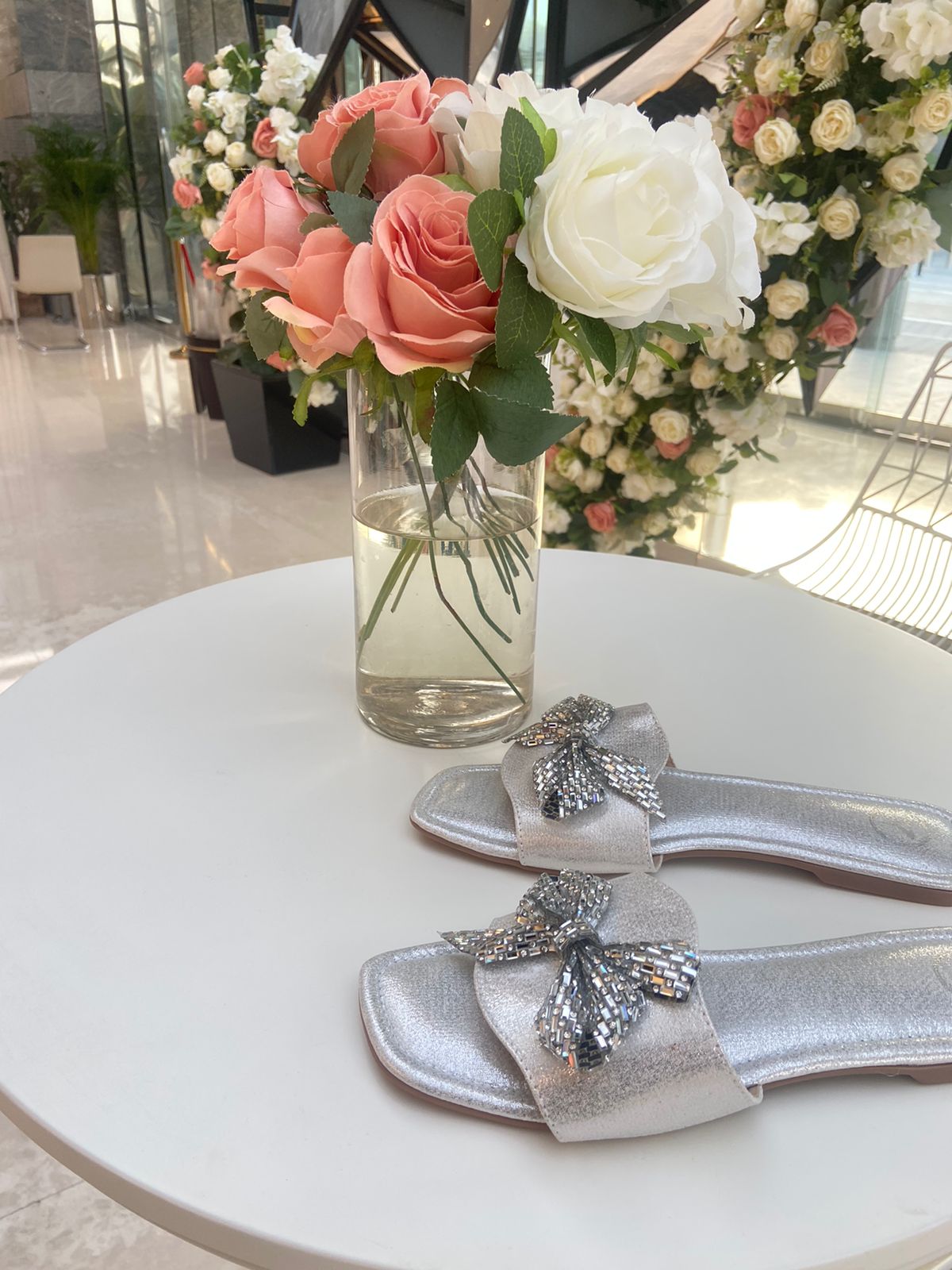 Silver Bow Sliders Flat Sandal