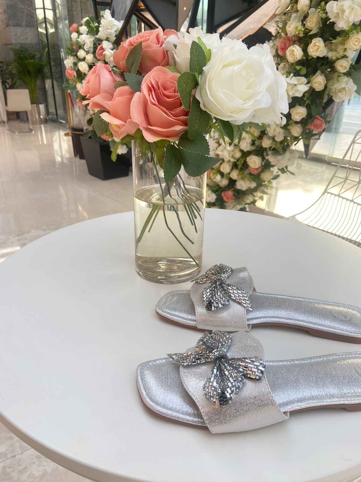 Silver Bow Sliders Flat Sandal