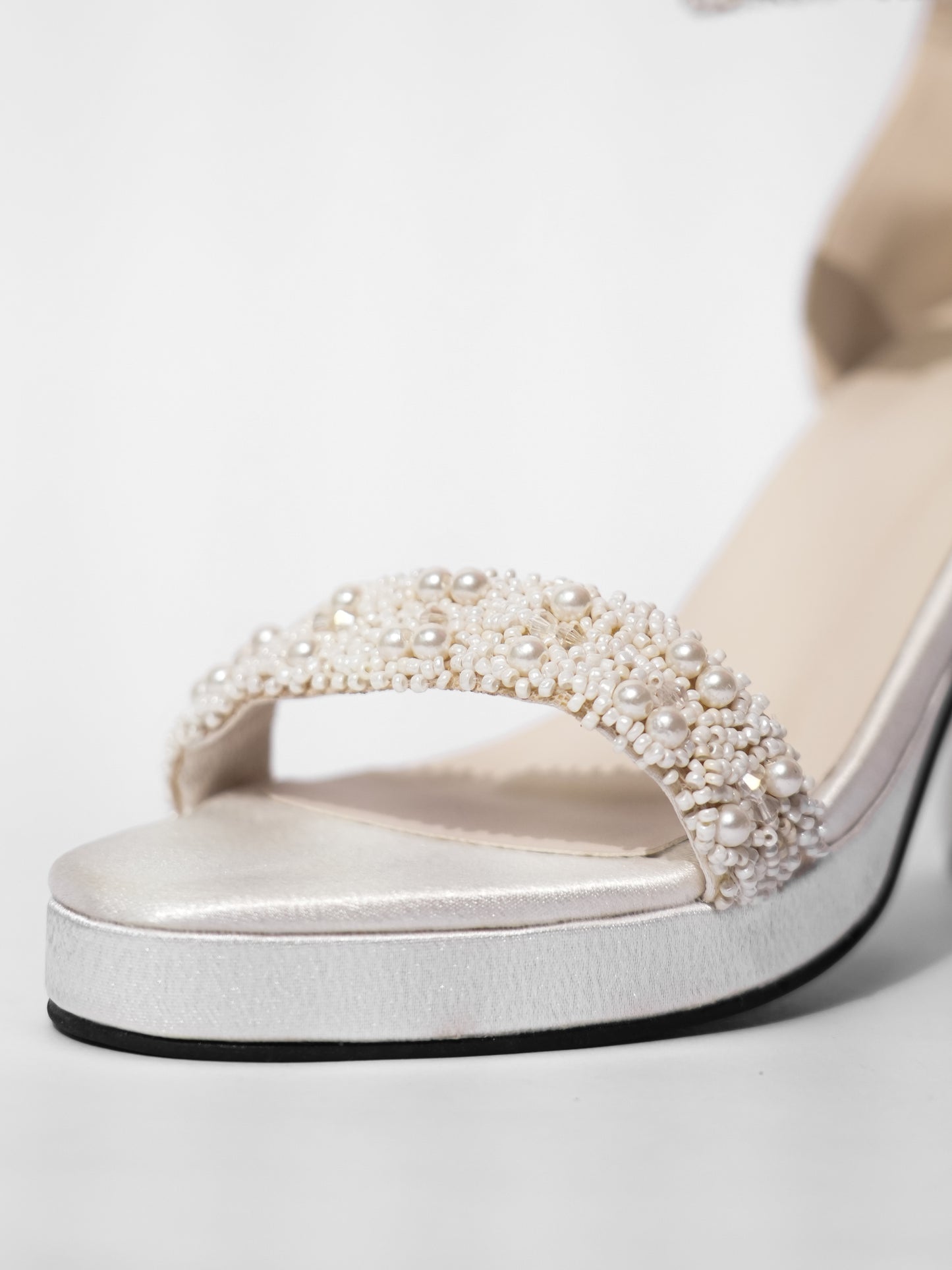 White Open Toe Narrow Fit Kushi Pearls Elevated Heels