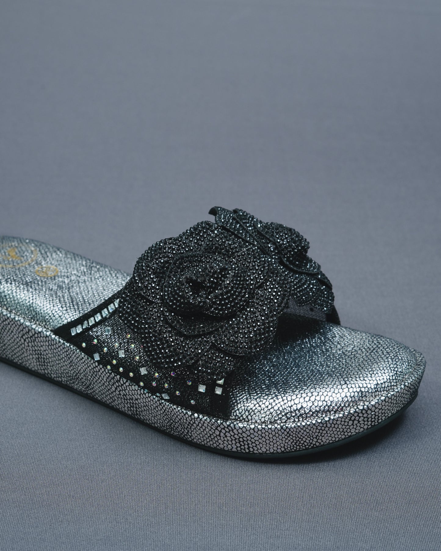 Black rose Open Toe Silver Wedge Leather Heels