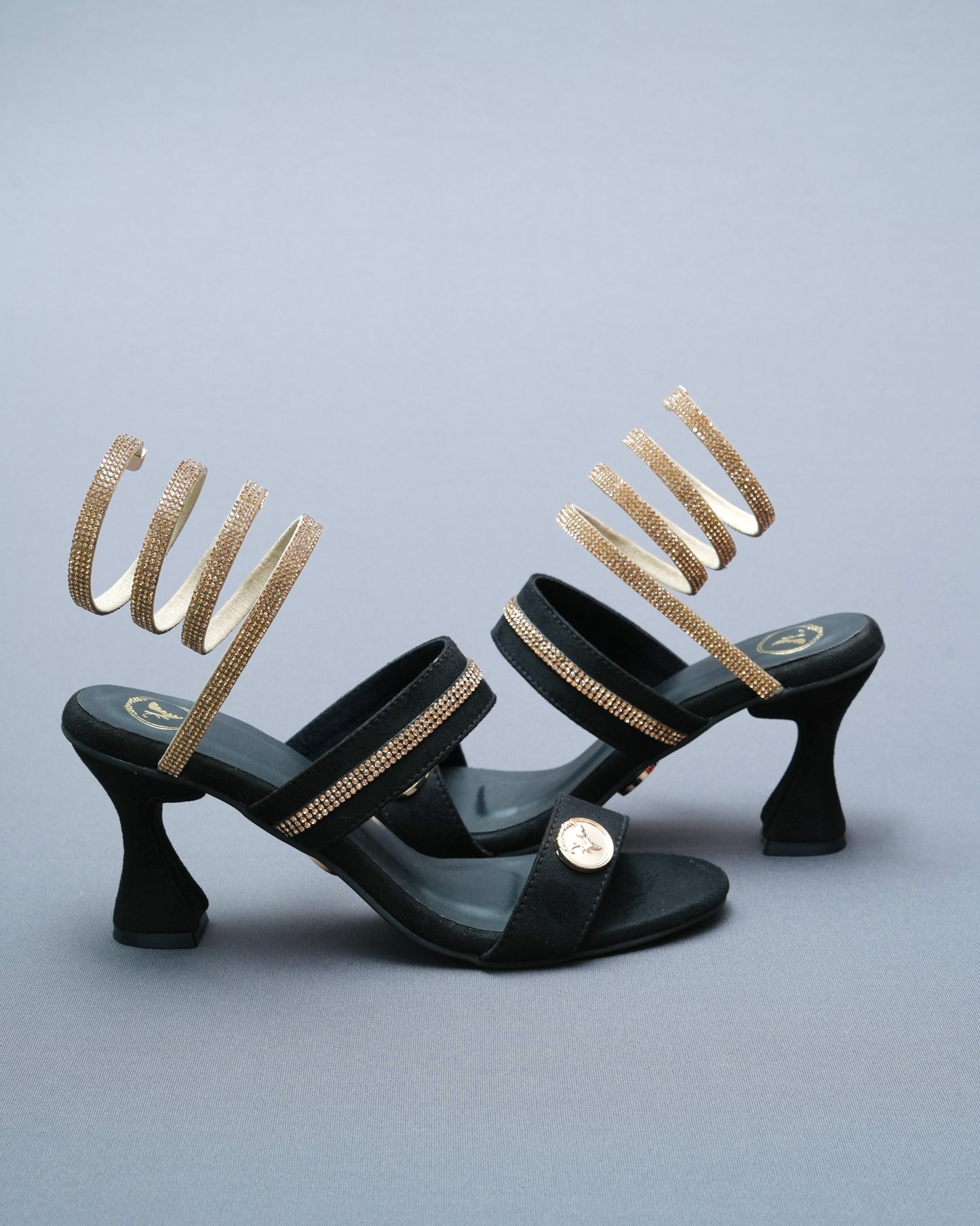 Open Toe Black Heels with Champagne Gold Spring
