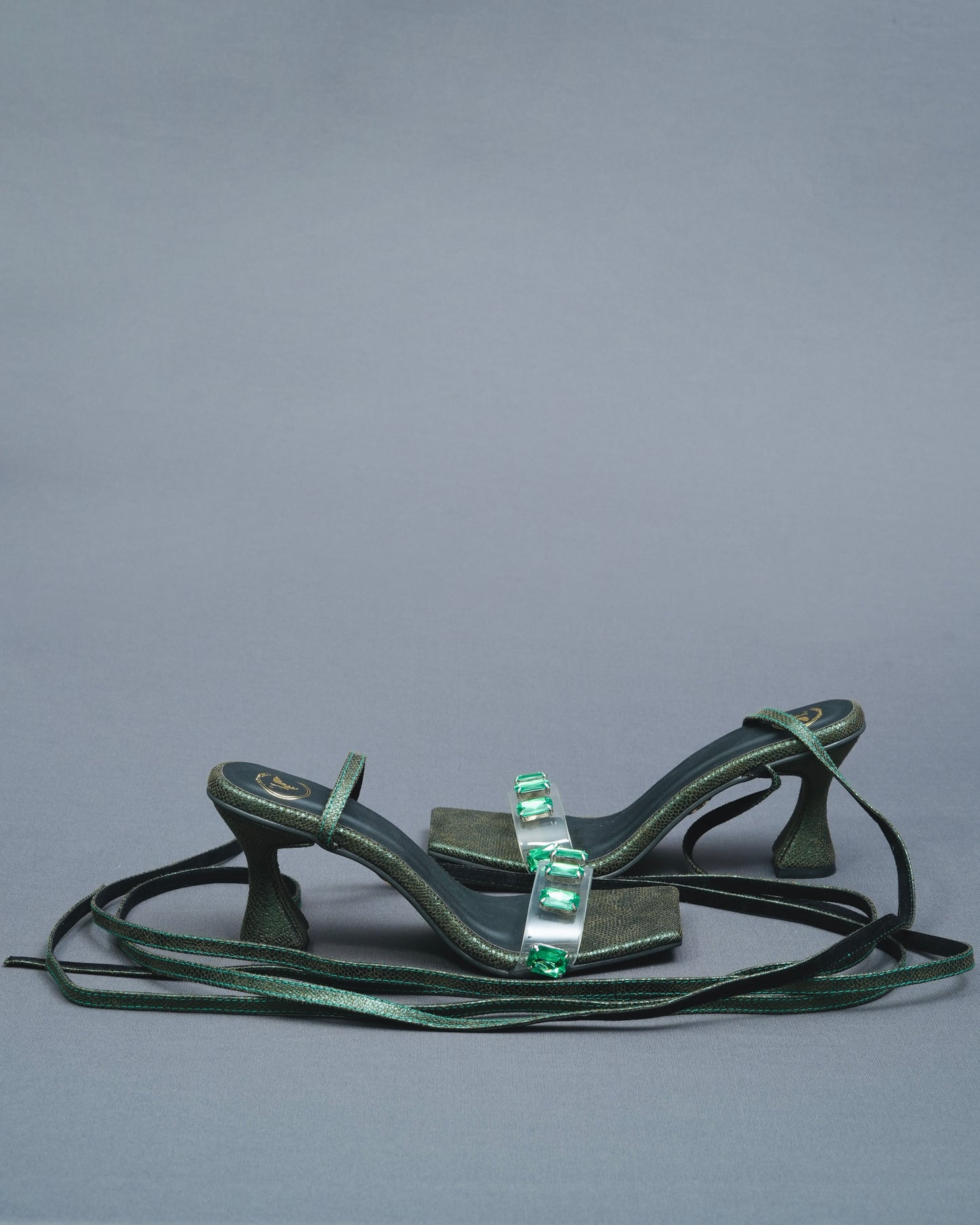 Open Toe Faux Leather Green Stones Tie Up Heels