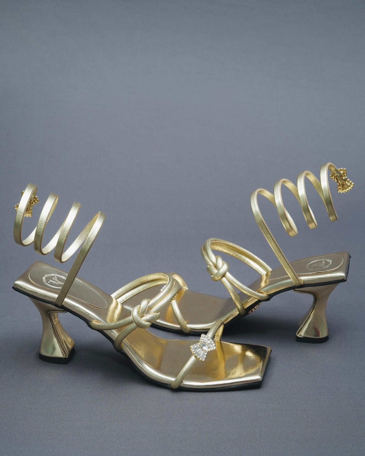 Open Toe Gold Champagne Gun Metal Heels