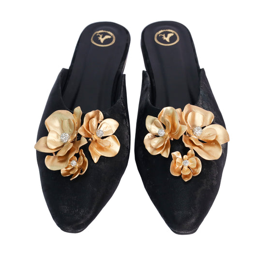 Women Floral Embroidered Black Buns & Roses Kitten Heel