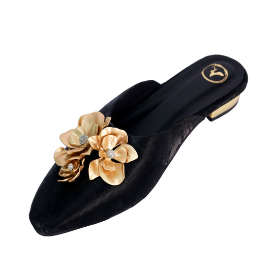 Women Floral Embroidered Black Buns & Roses Kitten Heel