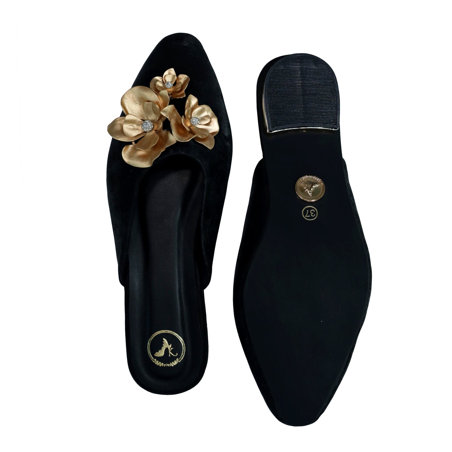 Women Floral Embroidered Black Buns & Roses Kitten Heel