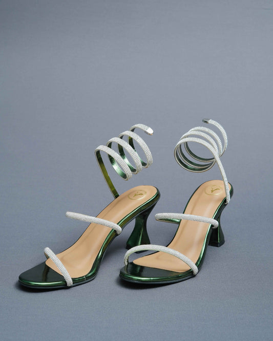 Faux Leather Open Toe Green Spring Heels