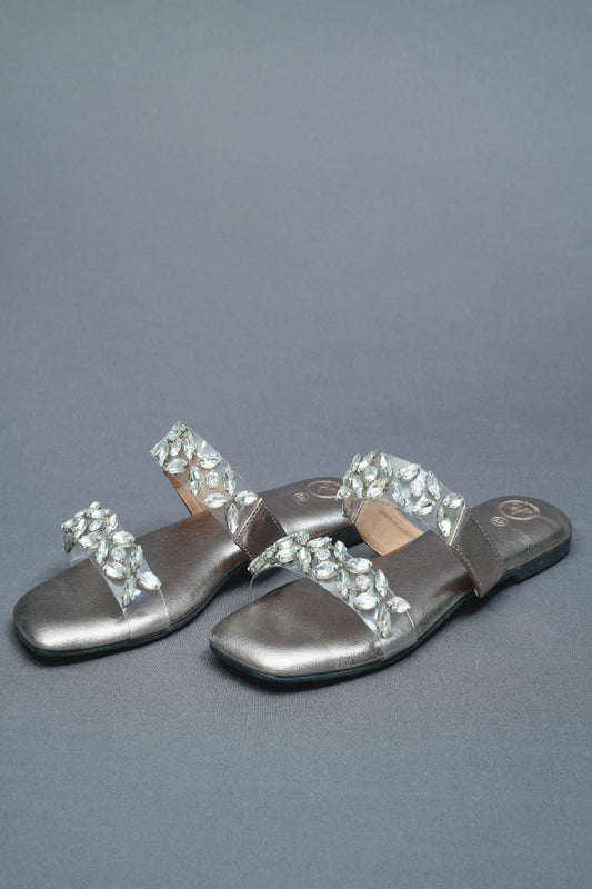 Open Toe Faux Leather Silver Carats Flats