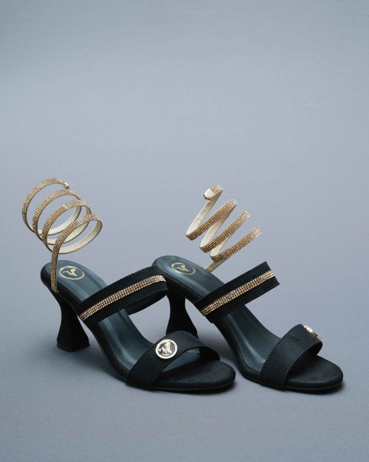 Open Toe Black Heels with Champagne Gold Spring