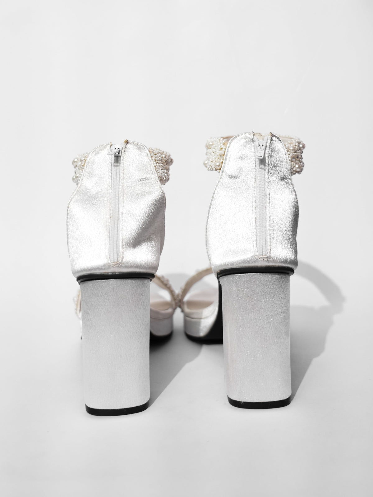 White Open Toe Narrow Fit Kushi Pearls Elevated Heels