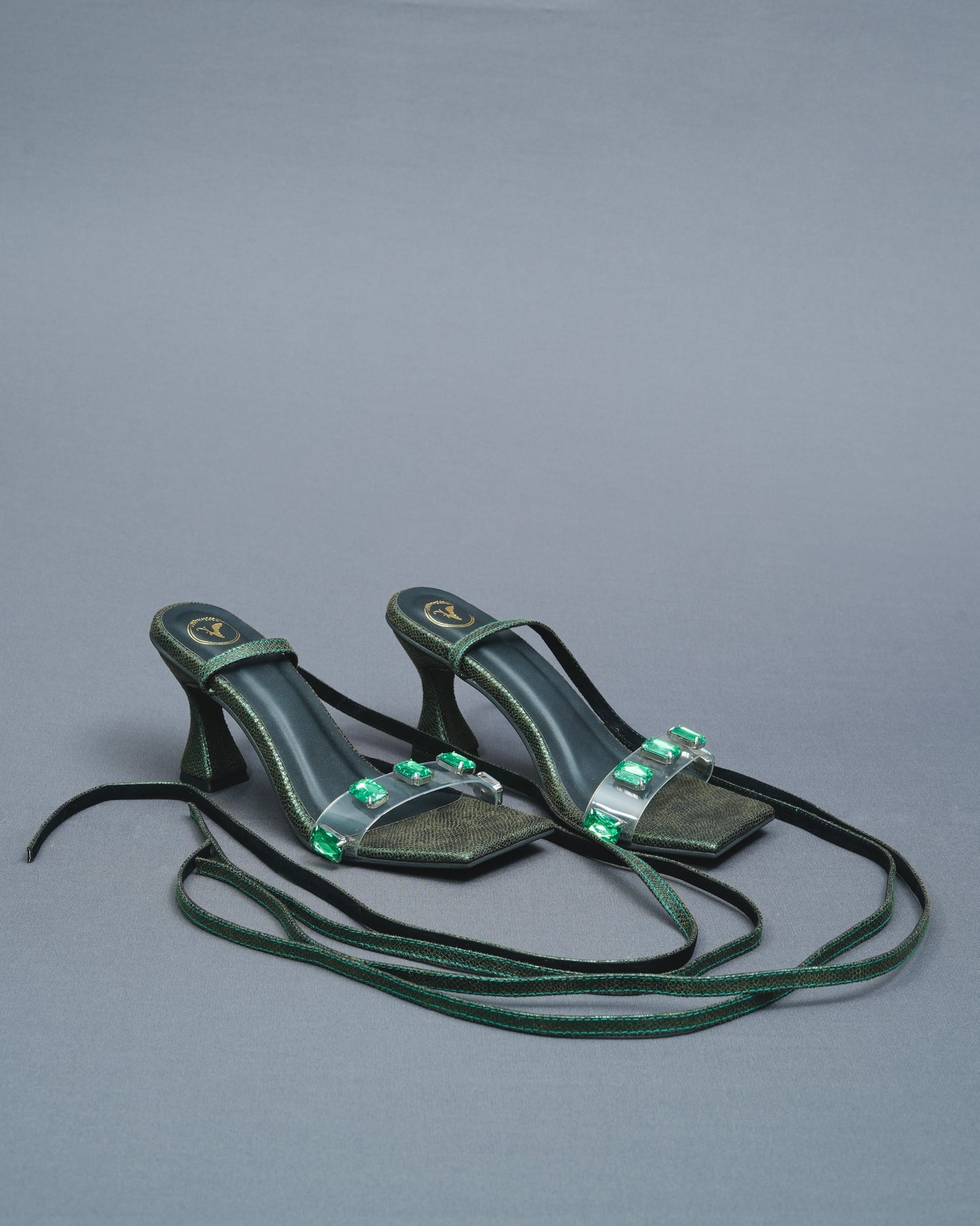 Open Toe Faux Leather Green Stones Tie Up Heels