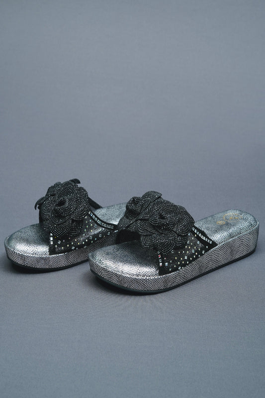 Black rose Open Toe Silver Wedge Leather Heels