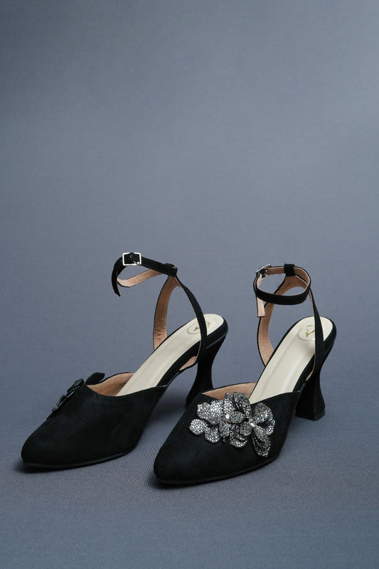 Black Bow Suede Closed Toe Heels