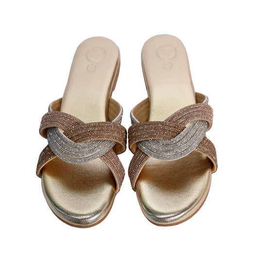 Gold Open Toe Slip on closure Trio Flats