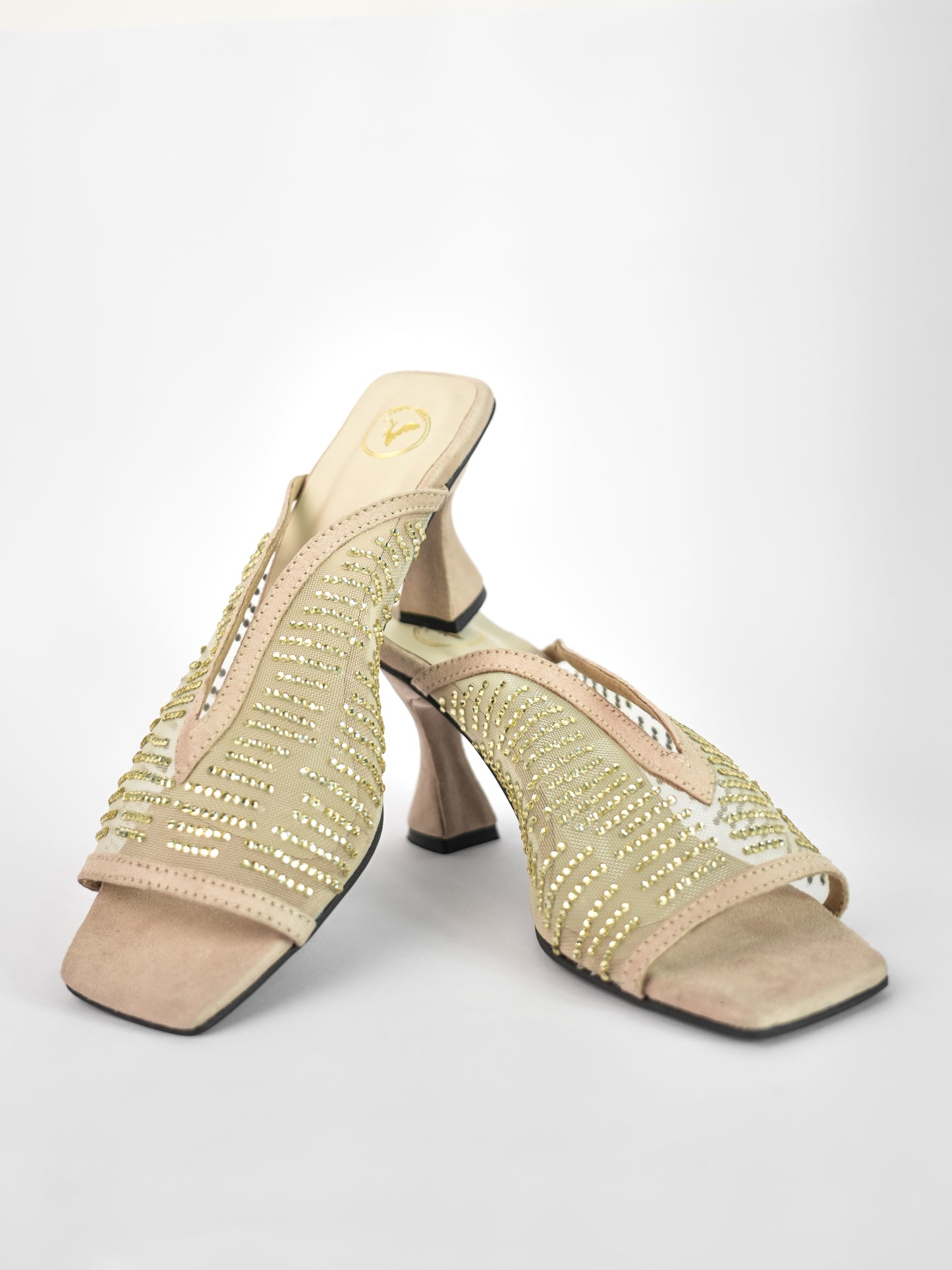 Gold Open Toe Shark Net Studed Heels