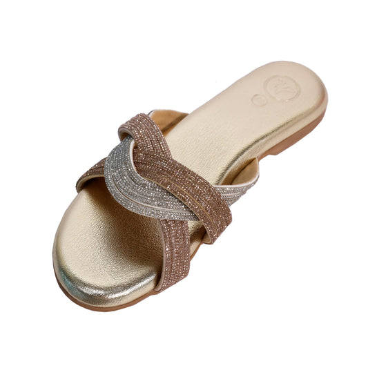 Gold Open Toe Slip on closure Trio Flats