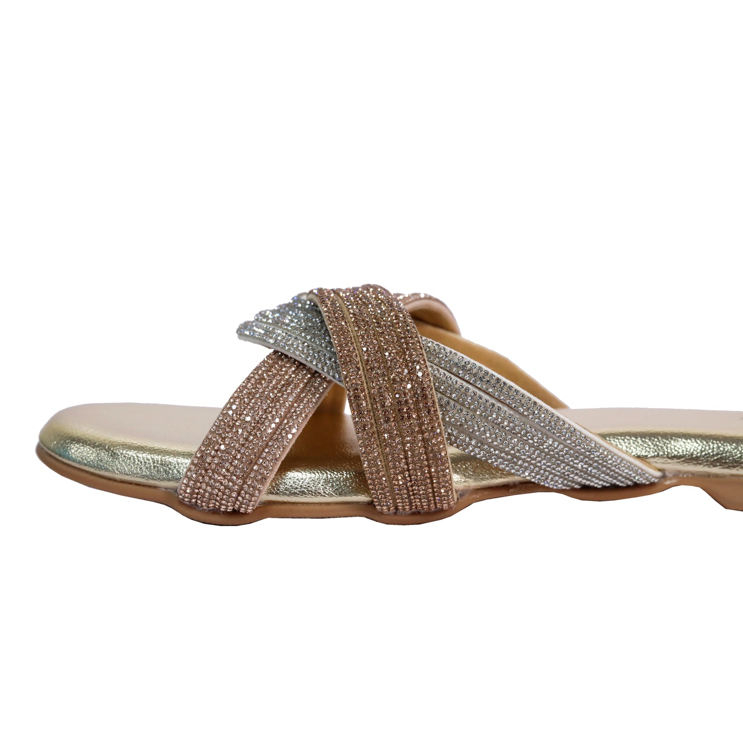 Gold Open Toe Slip on closure Trio Flats