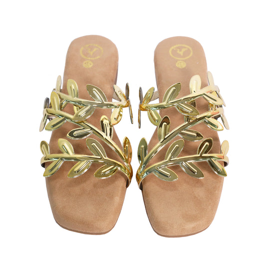 Gold Faux Leather Open Toe Gold Leafy Flat