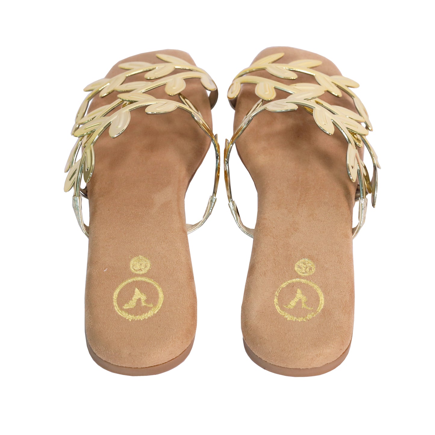 Gold Faux Leather Open Toe Gold Leafy Flat