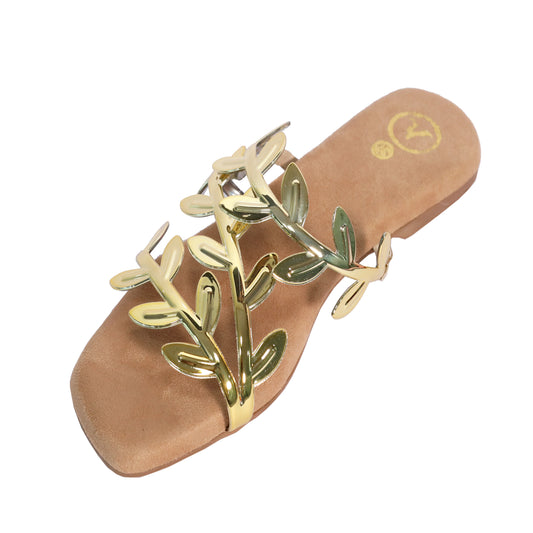 Gold Faux Leather Open Toe Gold Leafy Flat