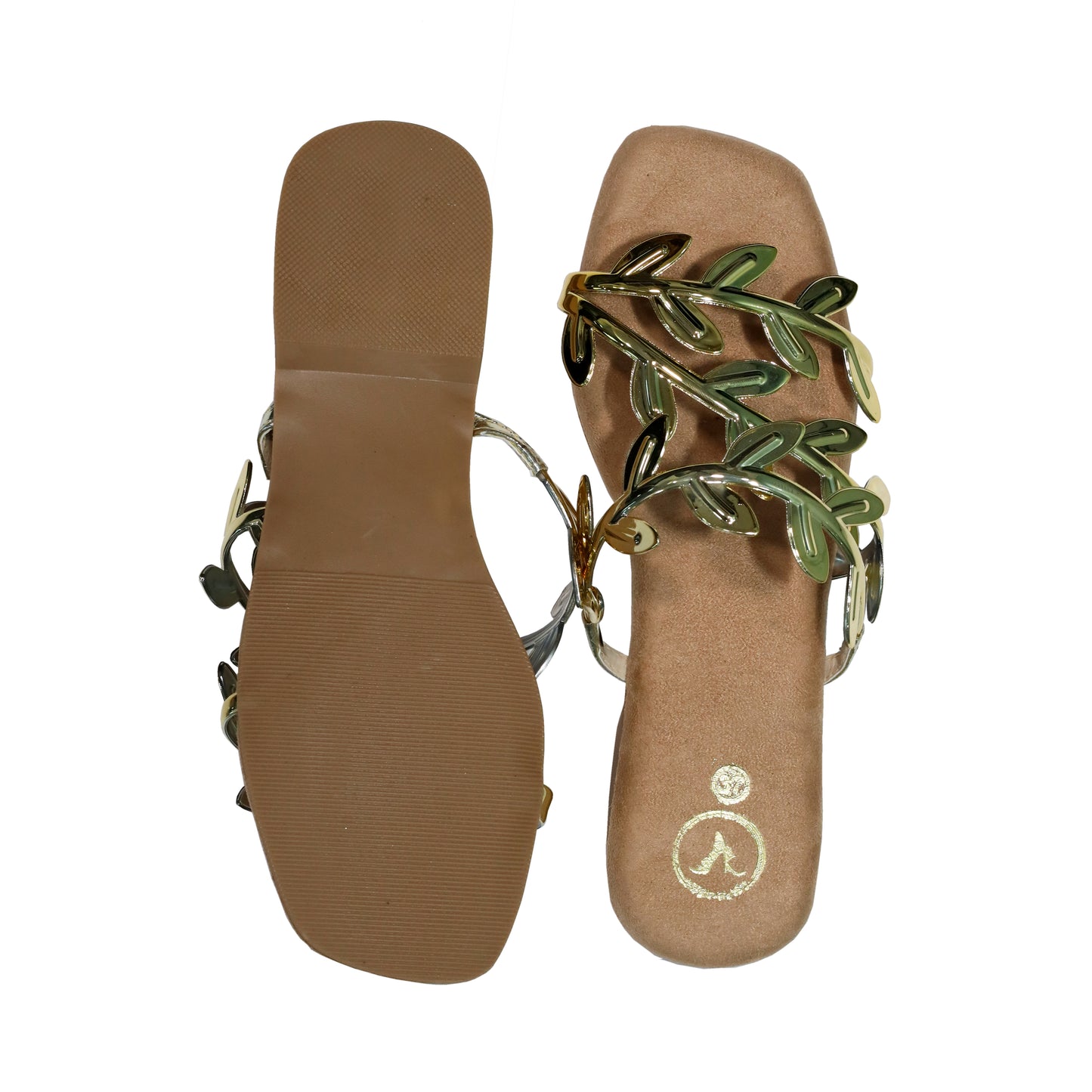 Gold Faux Leather Open Toe Gold Leafy Flat