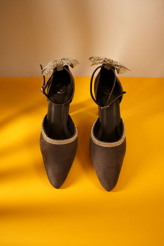 Grey Bow Back Pointed Toe Heel Sandals