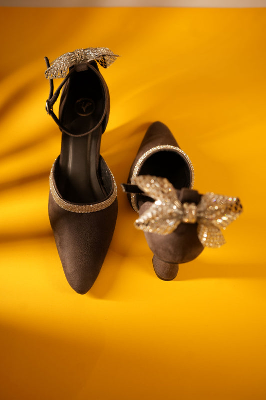 Grey Bow Back Pointed Toe Heel Sandals