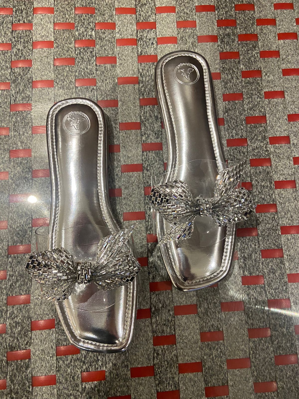 Silver Bow Silver Base Open Toe Flats