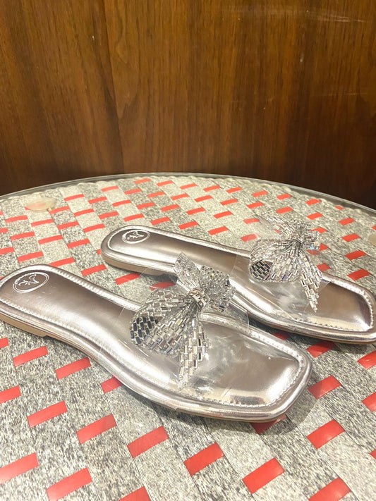 Silver Bow Silver Base Open Toe Flats