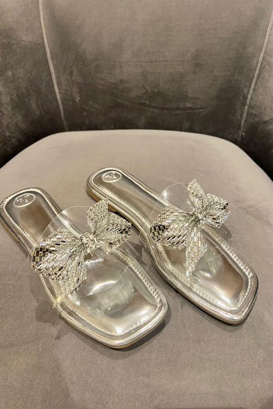 Silver Bow Silver Base Open Toe Flats