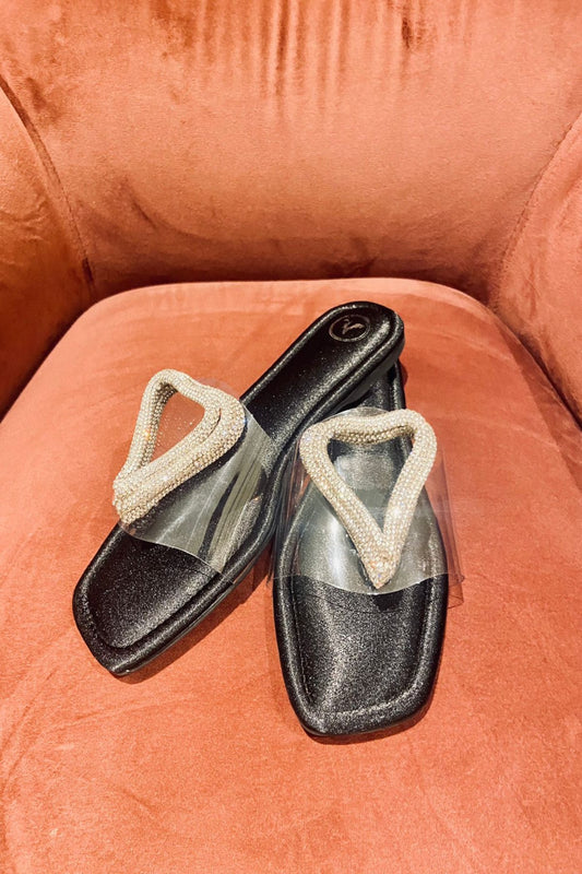 Silver Heart Black Base Open Toe Flats