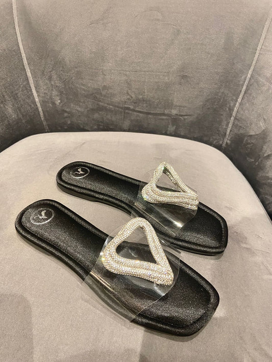 Silver Heart Black Base Open Toe Flats