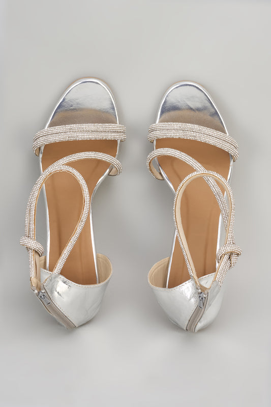 Silver Ananya Edit Textured Heels Sandals