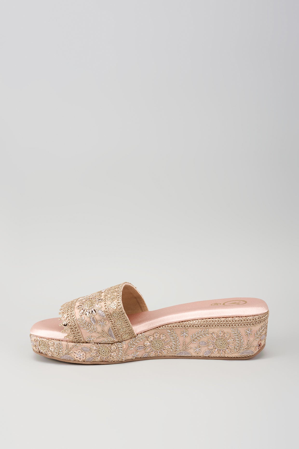 Rose Gold Synthetic Leather Sequins Embroidered Wedges