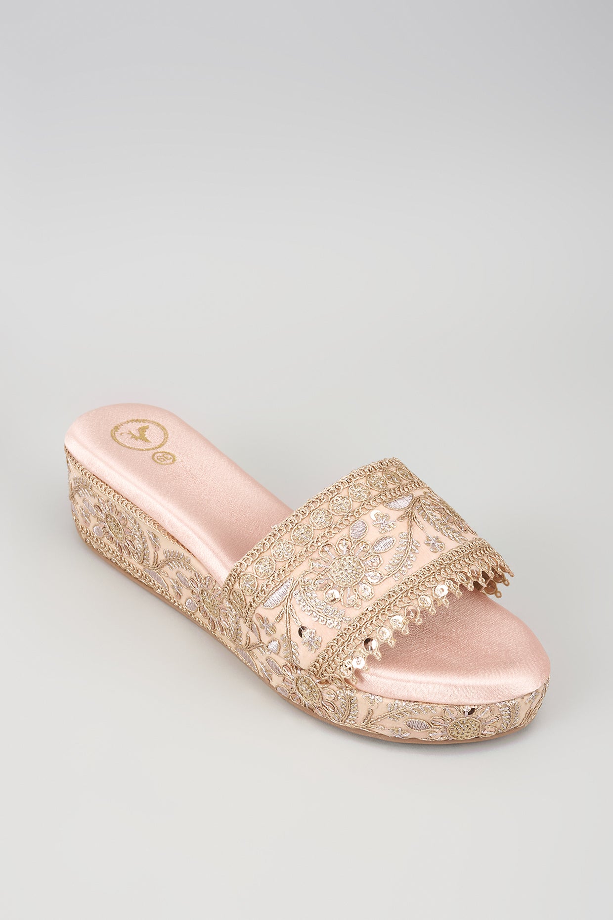 Rose Gold Synthetic Leather Sequins Embroidered Wedges