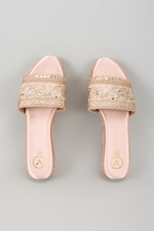 Rose Gold Synthetic Leather Sequins Embroidered Wedges