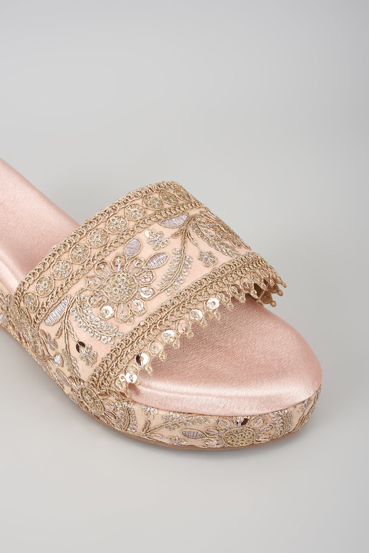 Rose Gold Synthetic Leather Sequins Embroidered Wedges