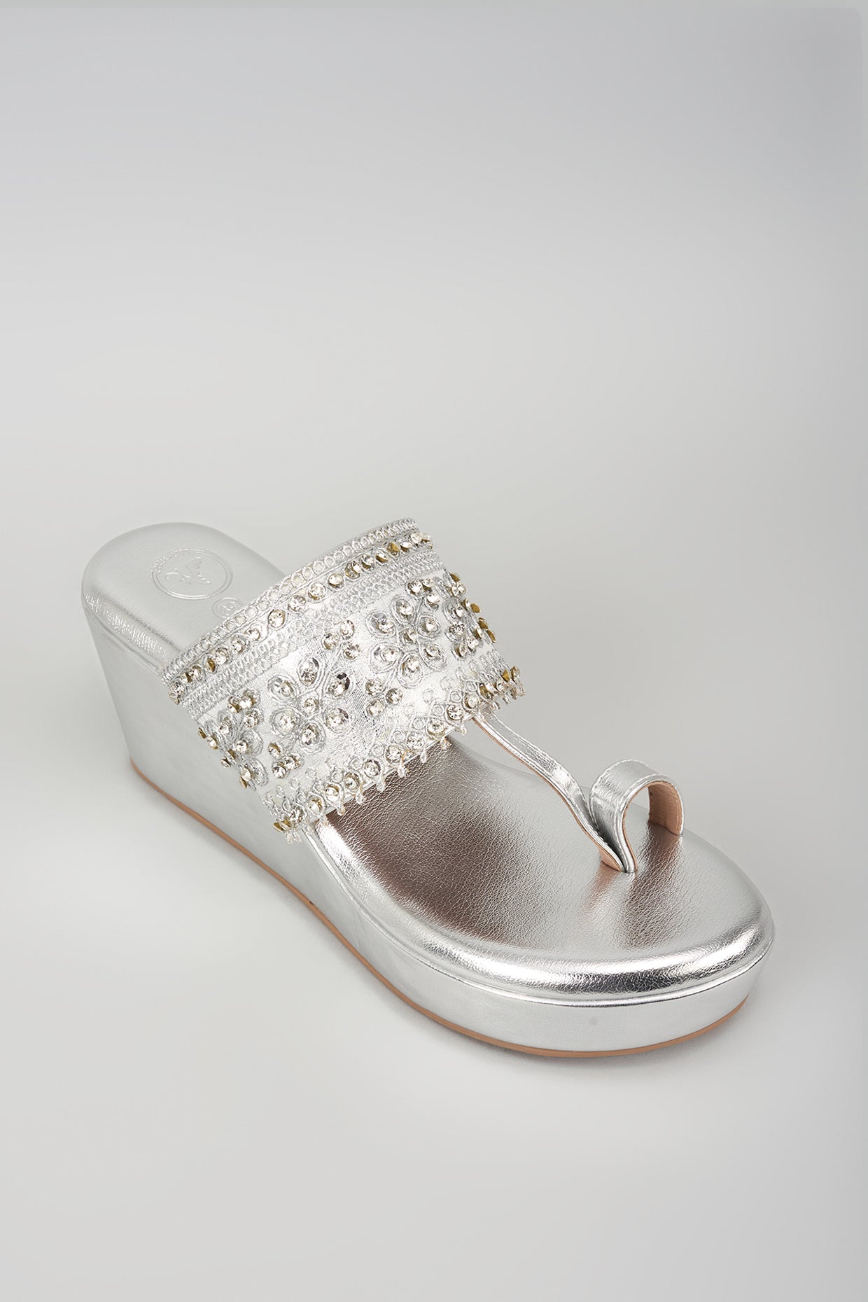 Silver Synthetic Leather Glitter Embroidered Wedges
