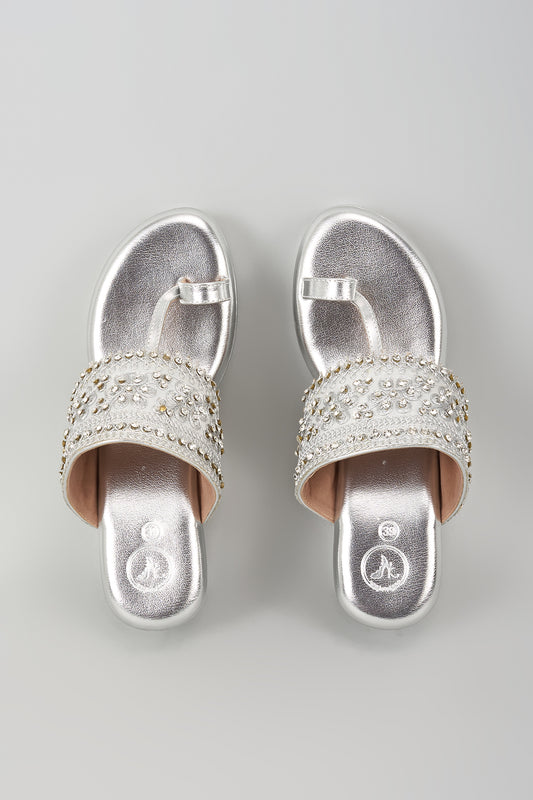 Silver Synthetic Leather Glitter Embroidered Wedges