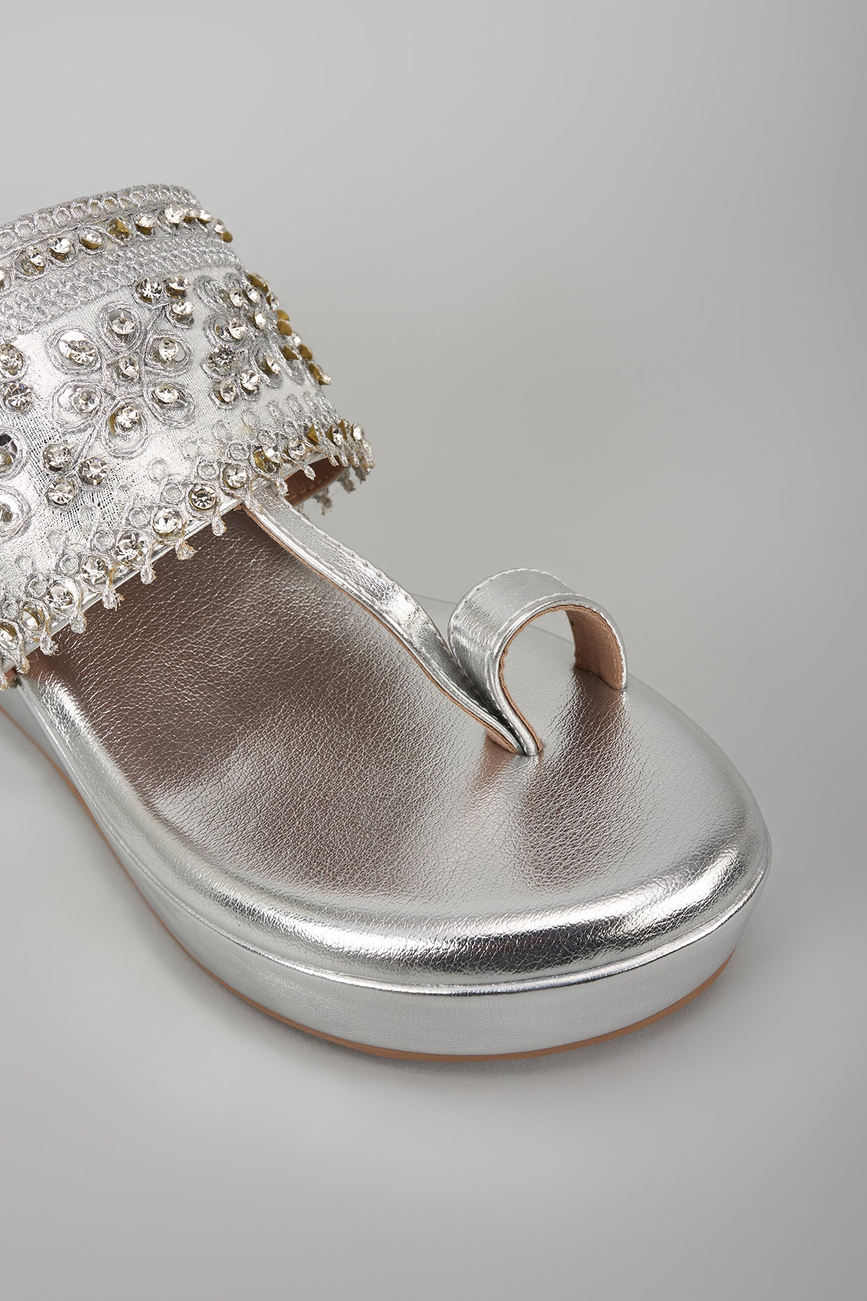 Silver Synthetic Leather Glitter Embroidered Wedges