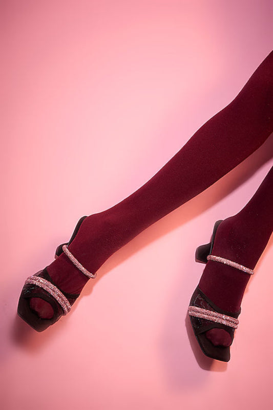 Black Vegan Leather Pink Rhinestone Embellished Square-Shaped Heels