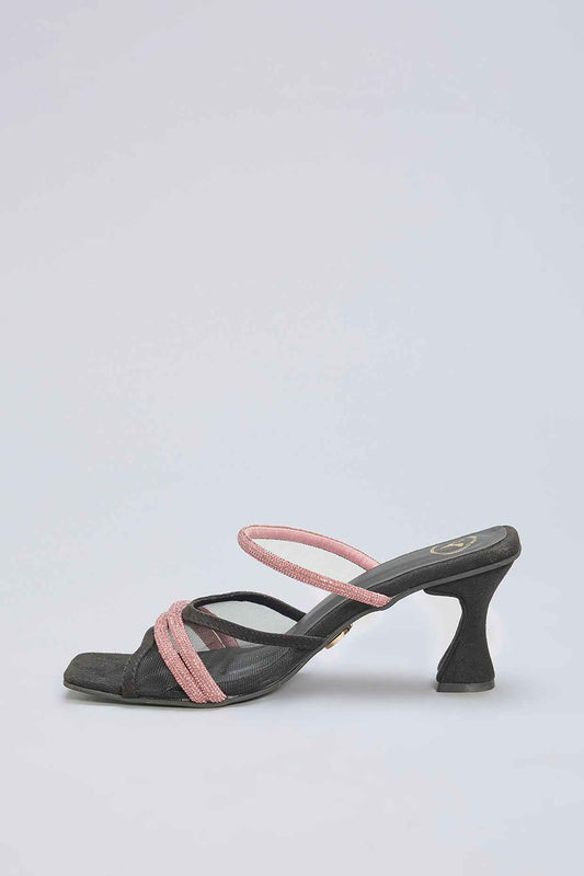 Black Vegan Leather Pink Rhinestone Embellished Square-Shaped Heels