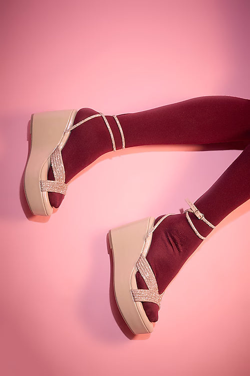 Gold Vegan Leather Champagne Rhinestone Embellished Wedges