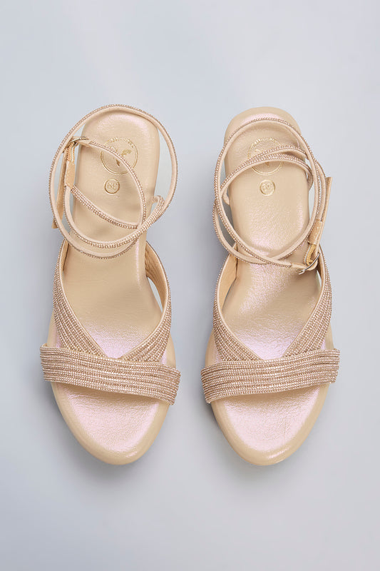 Gold Vegan Leather Champagne Rhinestone Embellished Wedges