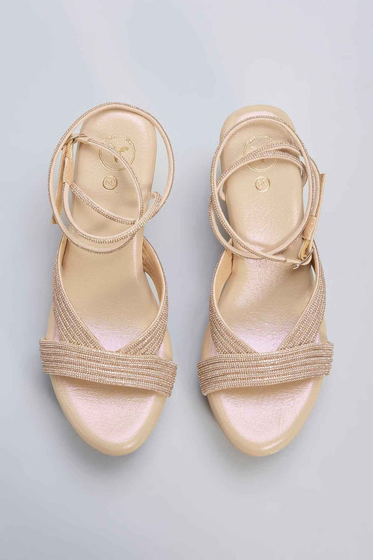 Gold Vegan Leather Champagne Rhinestone Embellished Wedges