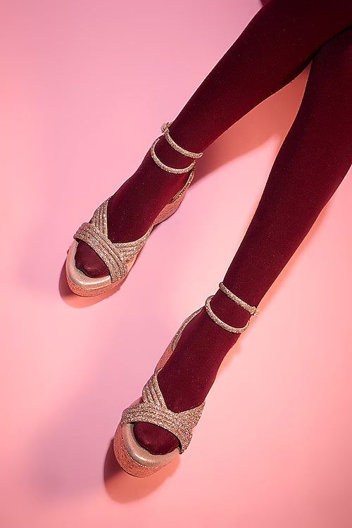 Rose Gold Vegan Leather Rhinestone Embellished Wedges